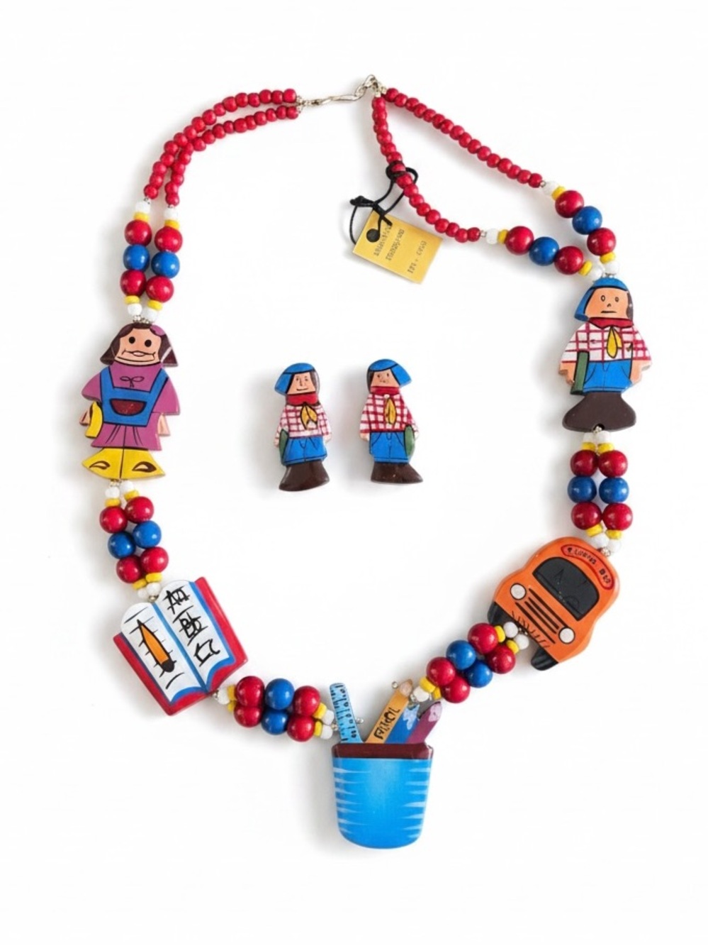 Wooden Bead Teacher Student School Bus Necklace Handmade Painted in Philippines